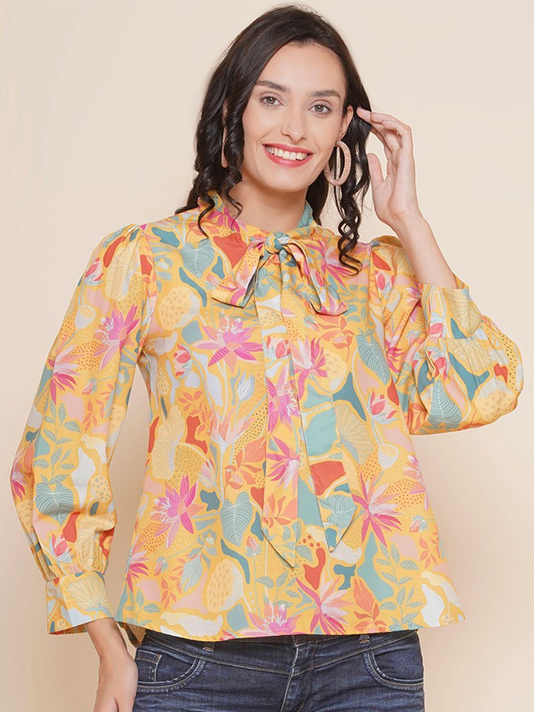 bhama couture mustard yellow & sahara sun floral print tie-up neck top