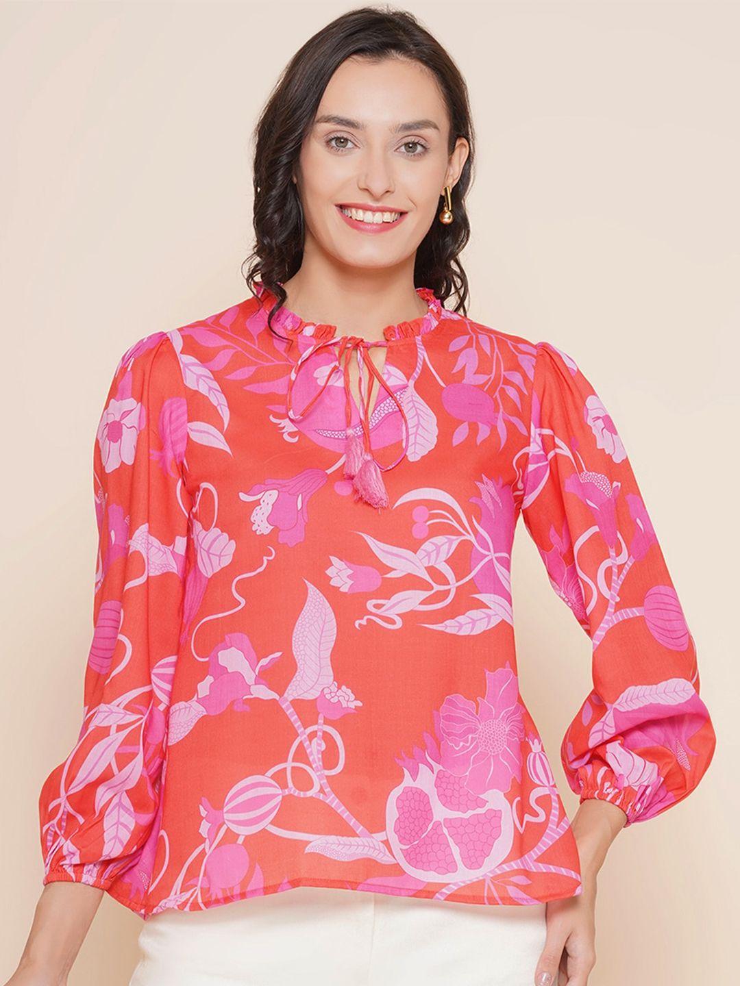 bhama couture floral printed tie-up neck puff sleeves ruffles cotton top