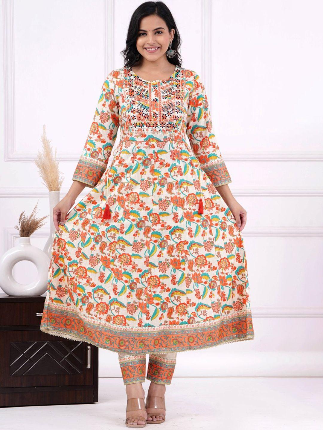 unisets floral printed mirror work anarkali kurta & trousers with dupatta