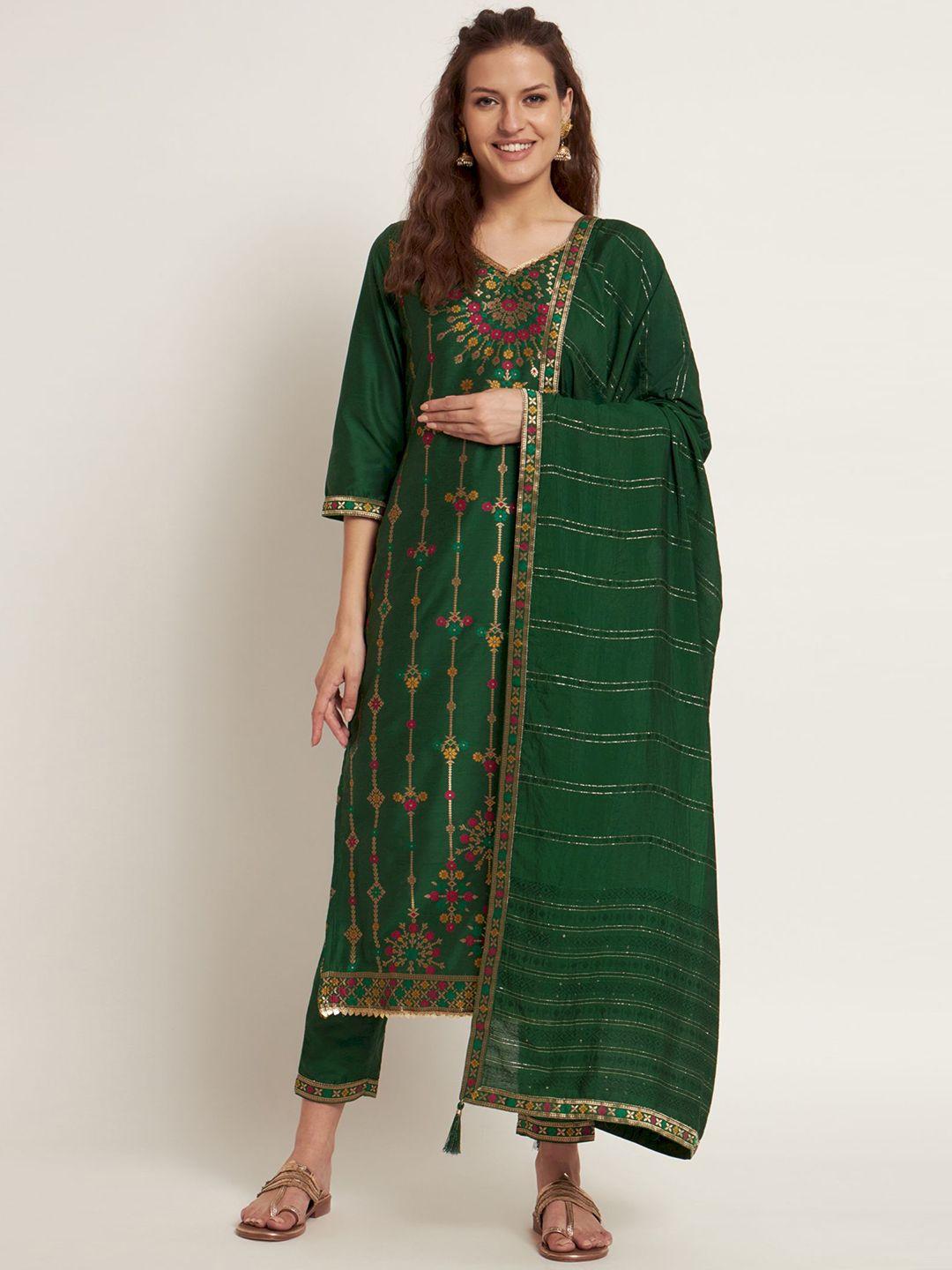 shopping queen floral woven design gotta patti kurta with trousers & dupatta