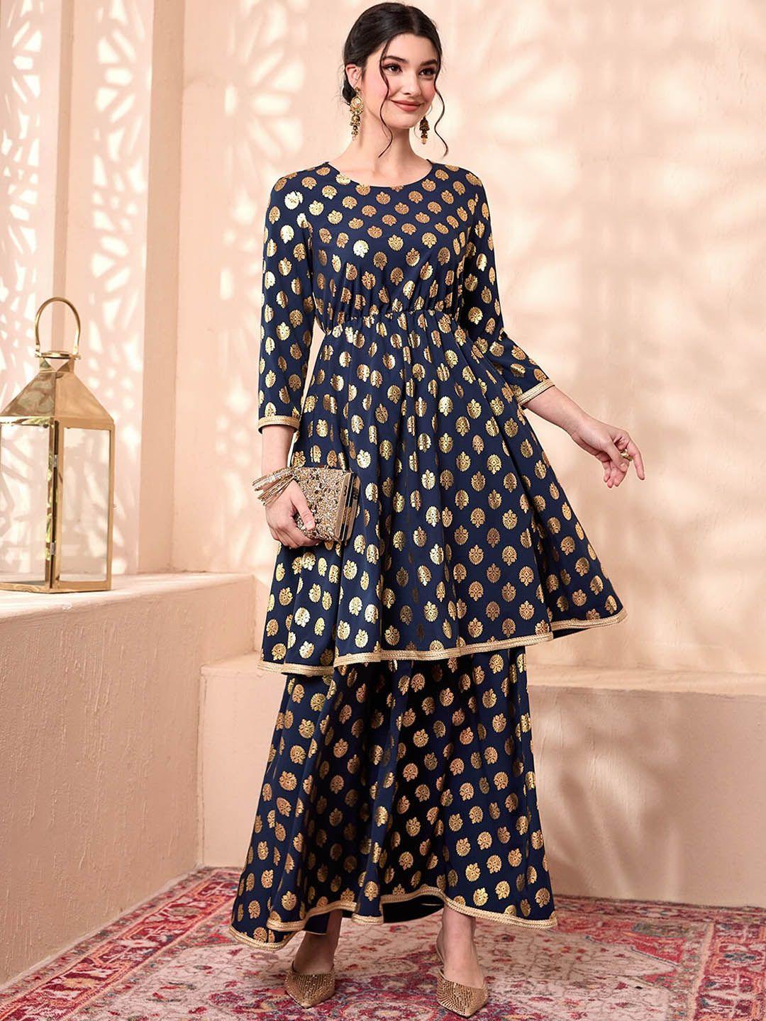 jaipuri bunaai ethnic motifs printed regular kurta with sharara