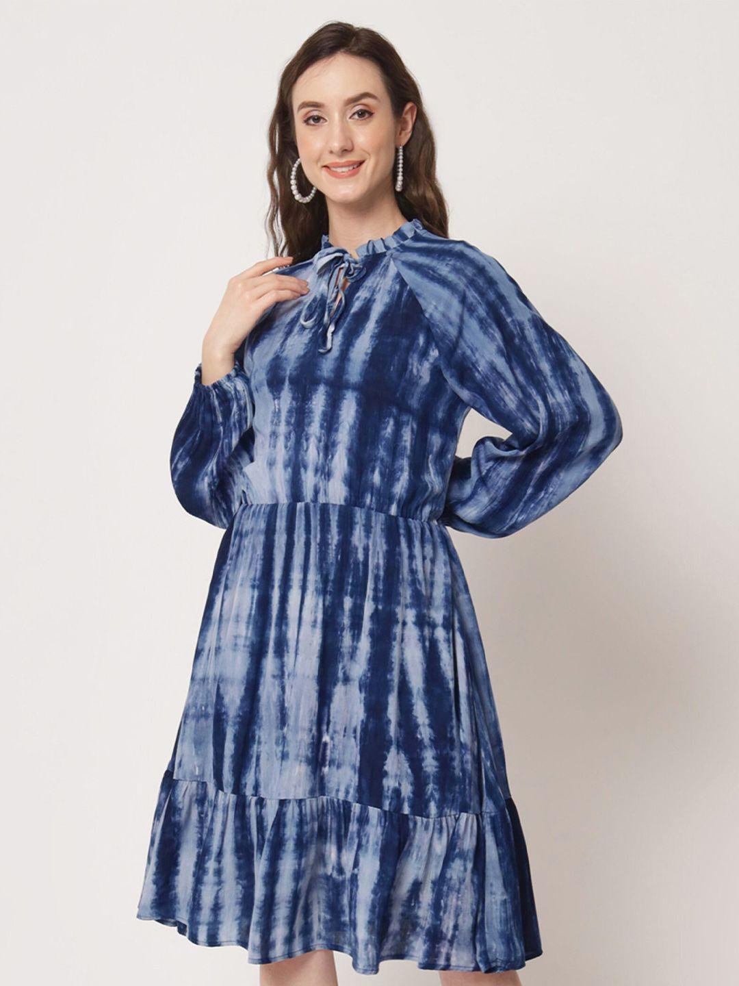 shopping queen blue tie and dye dyed puff sleeve fit & flare dress