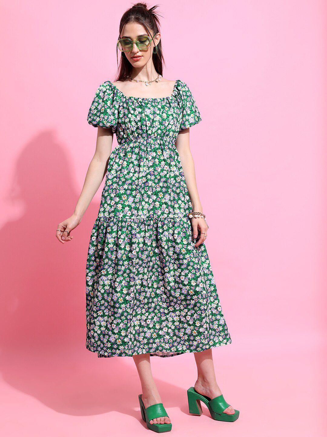 tokyo talkies green floral printed puff sleeves gathered or pleated a-line midi dress