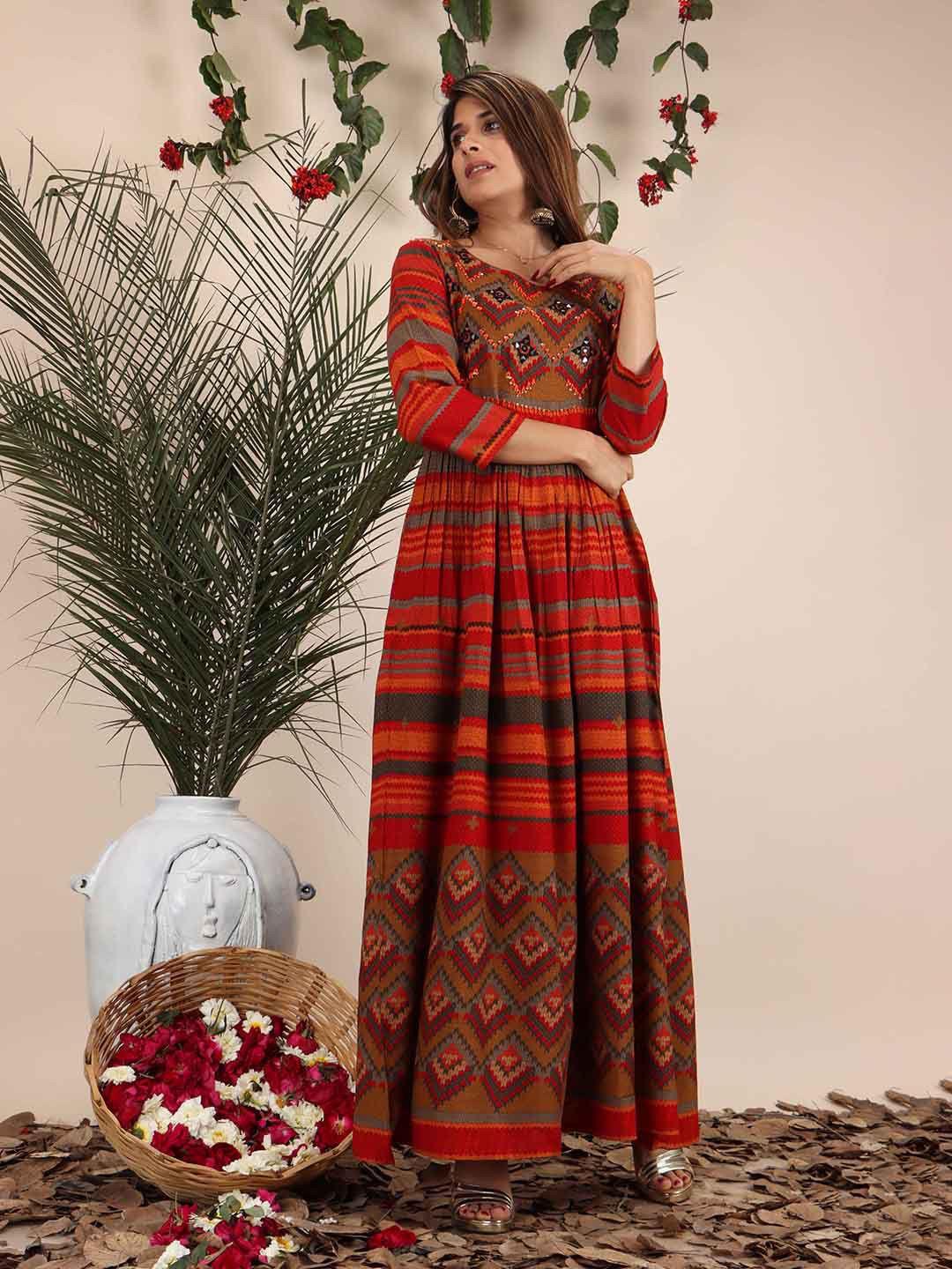 kalini ethnic motifs embroidered mirror work round neck gathered maxi ethnic dress