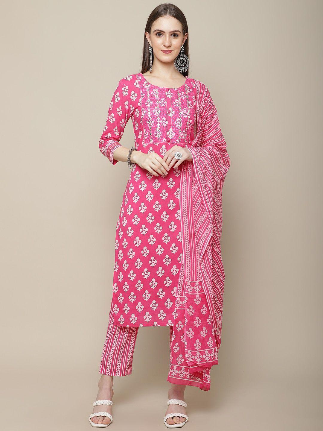 kalini women pink floral printed regular mirror work pure cotton kurta with trousers & with dupatta