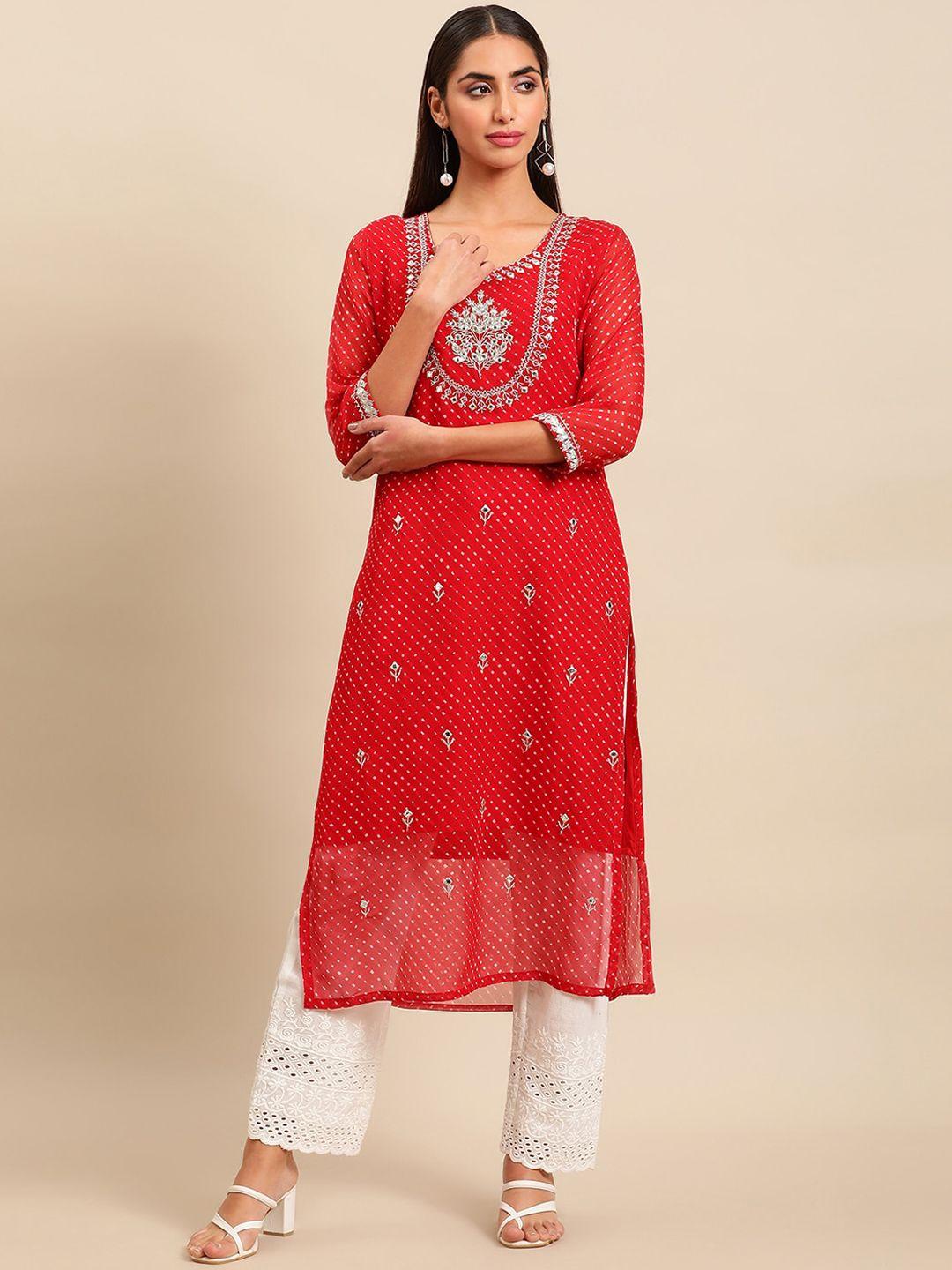 kalini ethnic motifs embroidered mirror work round neck straight kurta