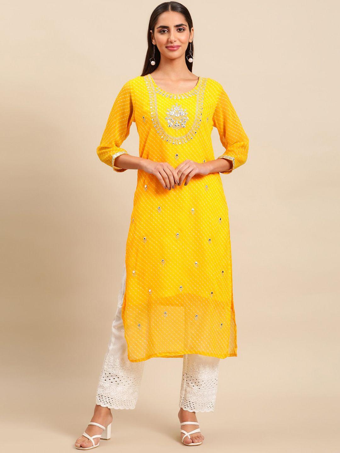 kalini  ethnic motifs embroidered mirror work round neck straight kurta