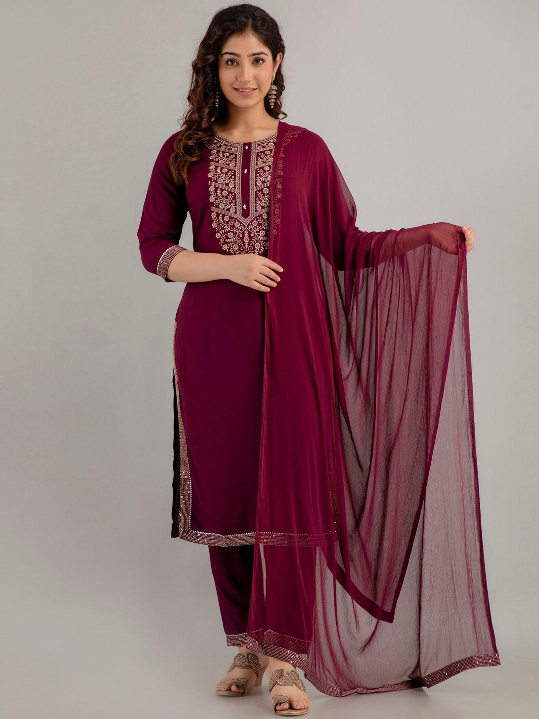 charu women violet floral embroidered regular thread work kurta with trousers & with dupatta