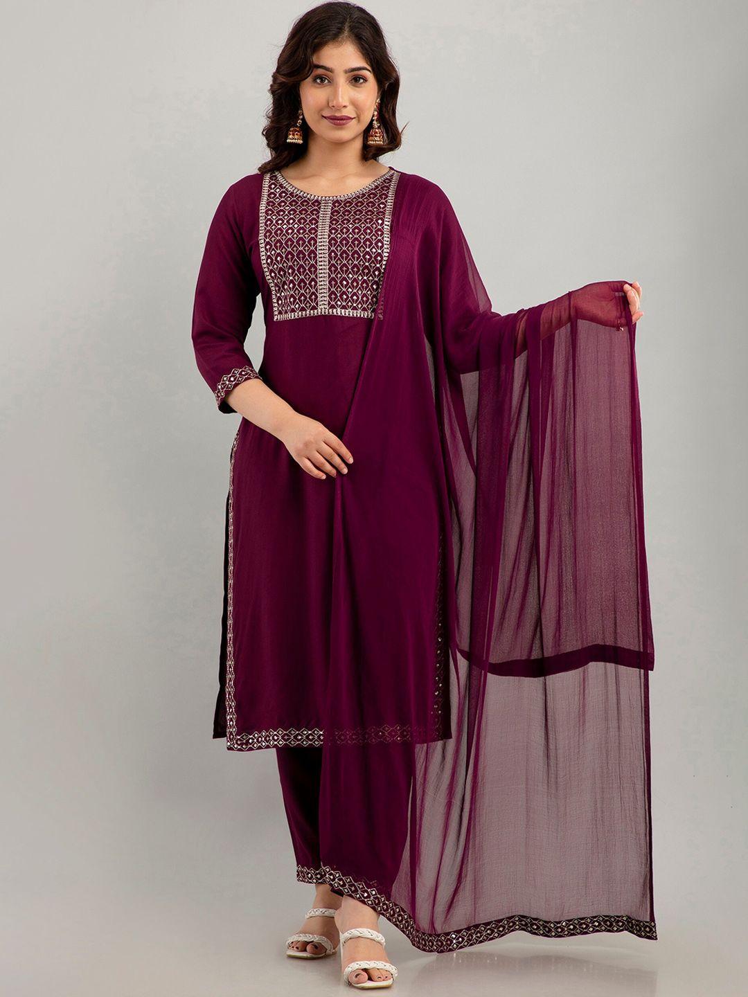 charu women violet ethnic motifs embroidered regular sequinned kurta with trousers & with dupatta