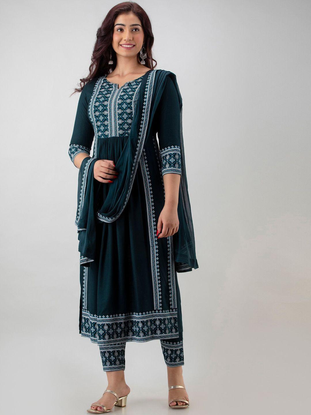 charu ethnic motifs printed pleated a-line kurta & trousers with dupatta