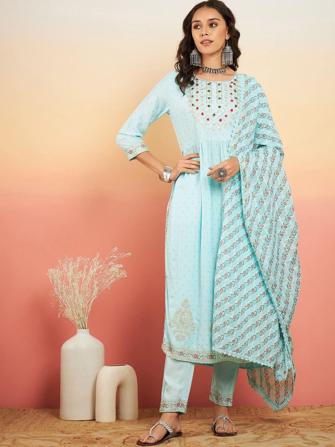 sangria turquoise blue ethnic motifs embroidered a-line kurta with trousers & dupatta