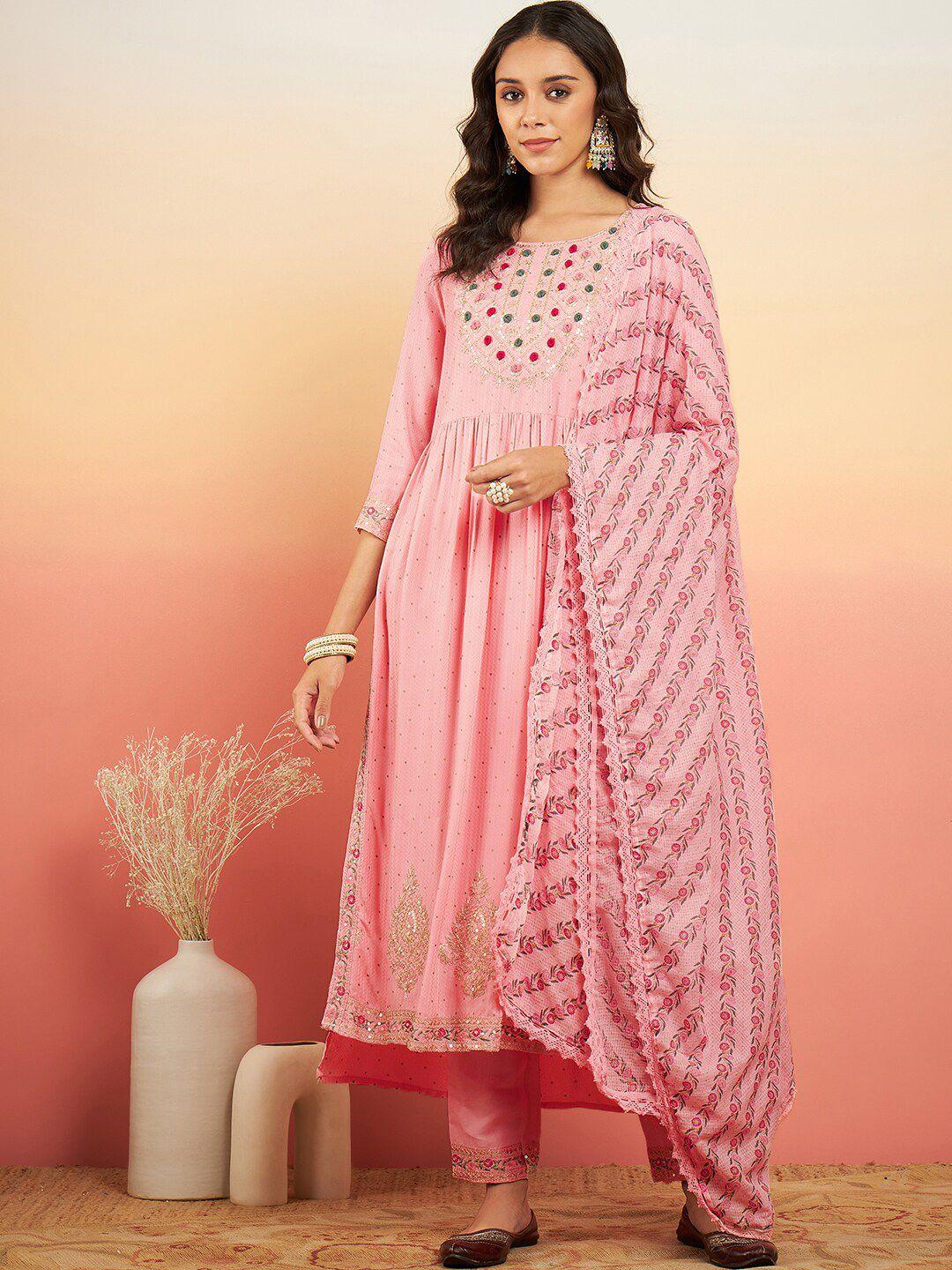 sangria round neck yoke embroidered sequinned a-line kurta & trousers with dupatta