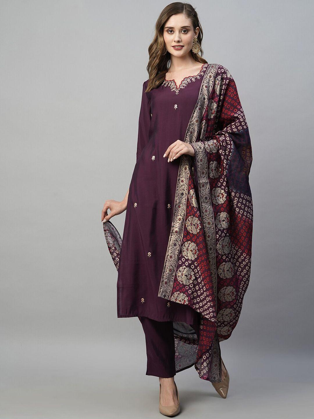 heeposh square neck floral embroidered regular thread work kurta & trousers with dupatta