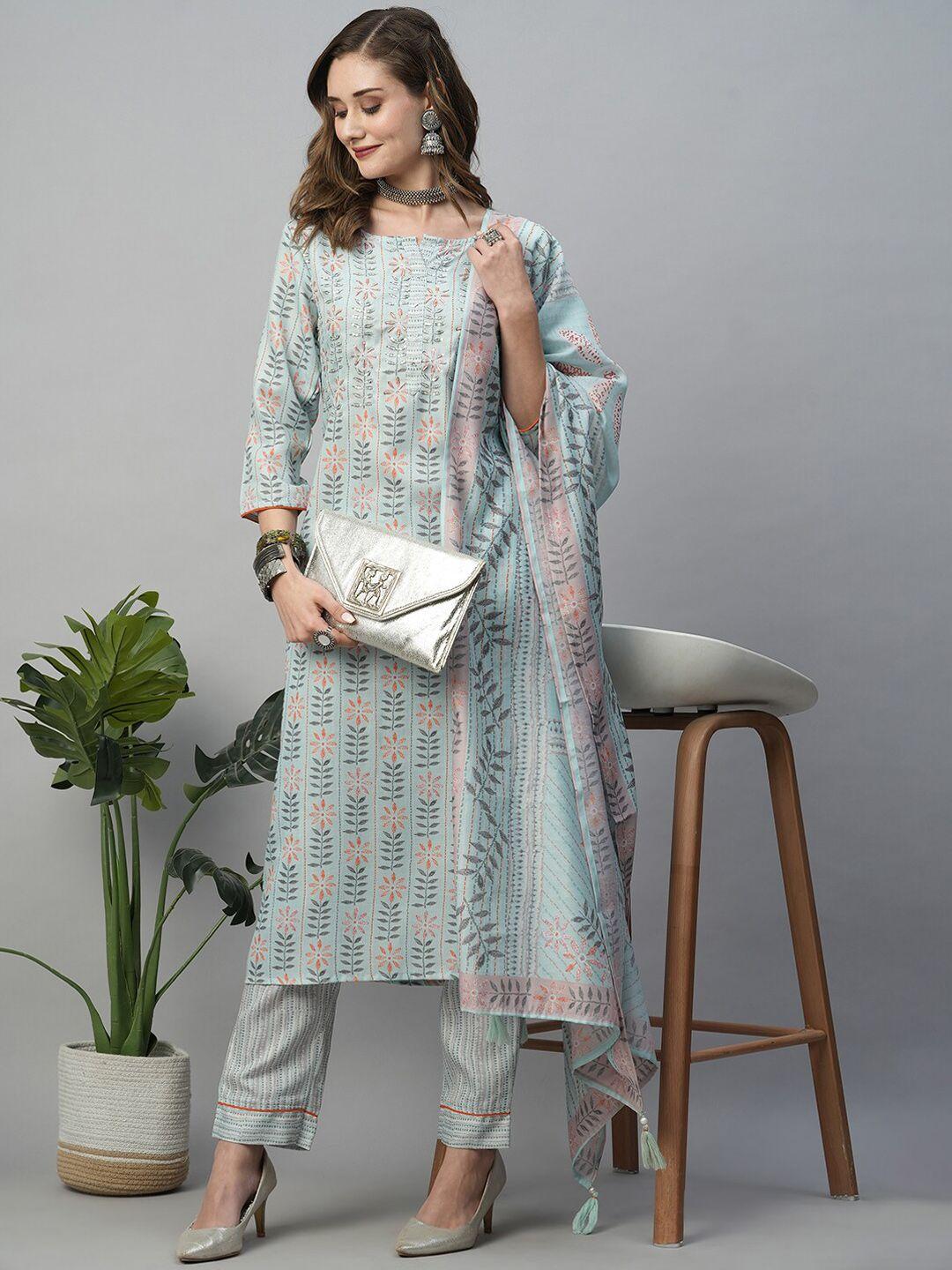 heeposh floral printed sequinned straight kurta & trousers with dupatta