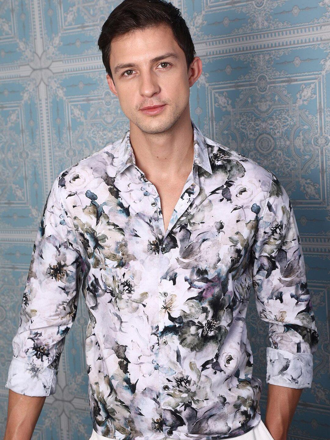 poe men grey classic slim fit floral opaque printed casual shirt