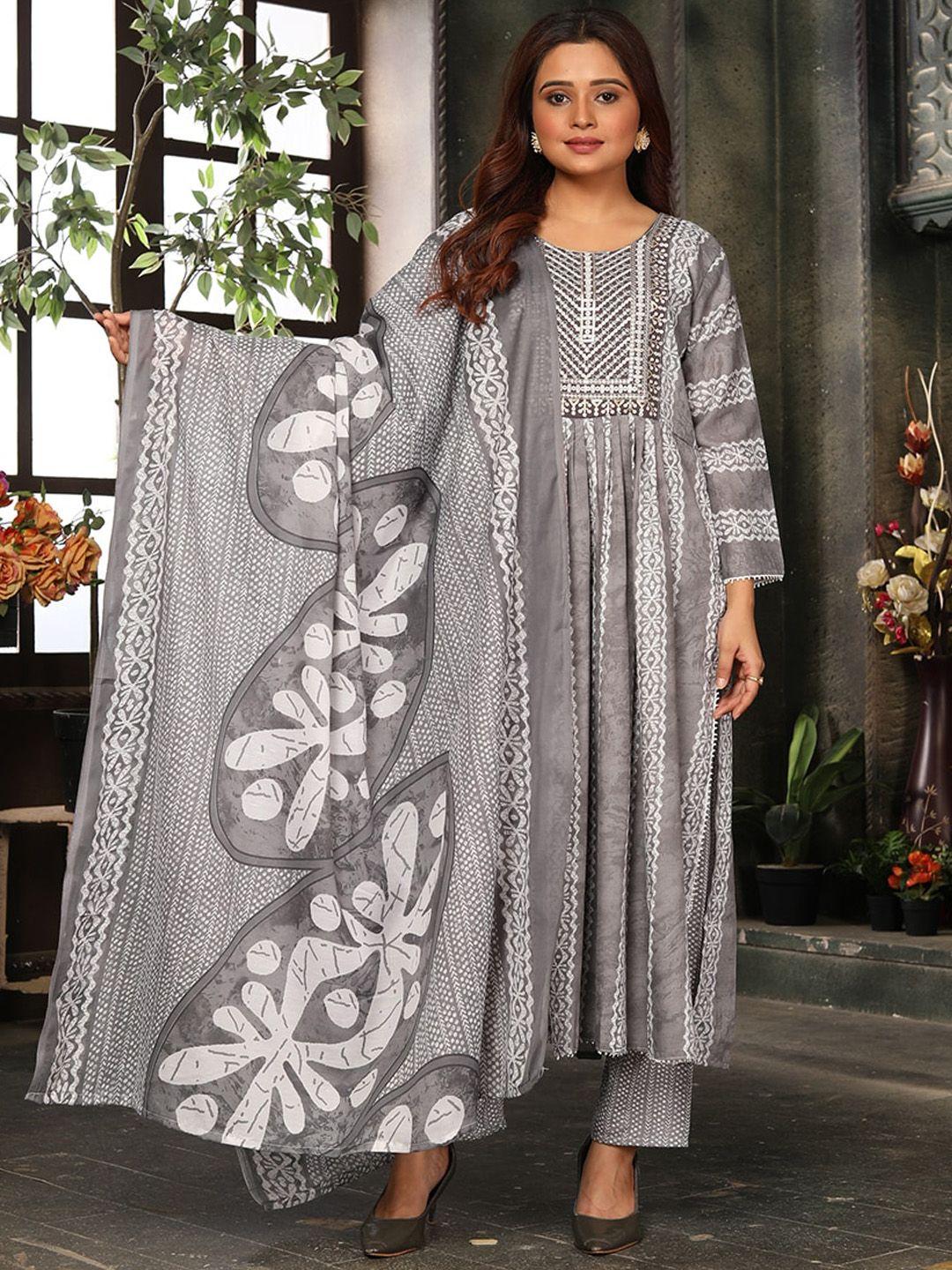 kalini round neck ethnic motif printed thrad work a-line kurta & trousers with dupatta