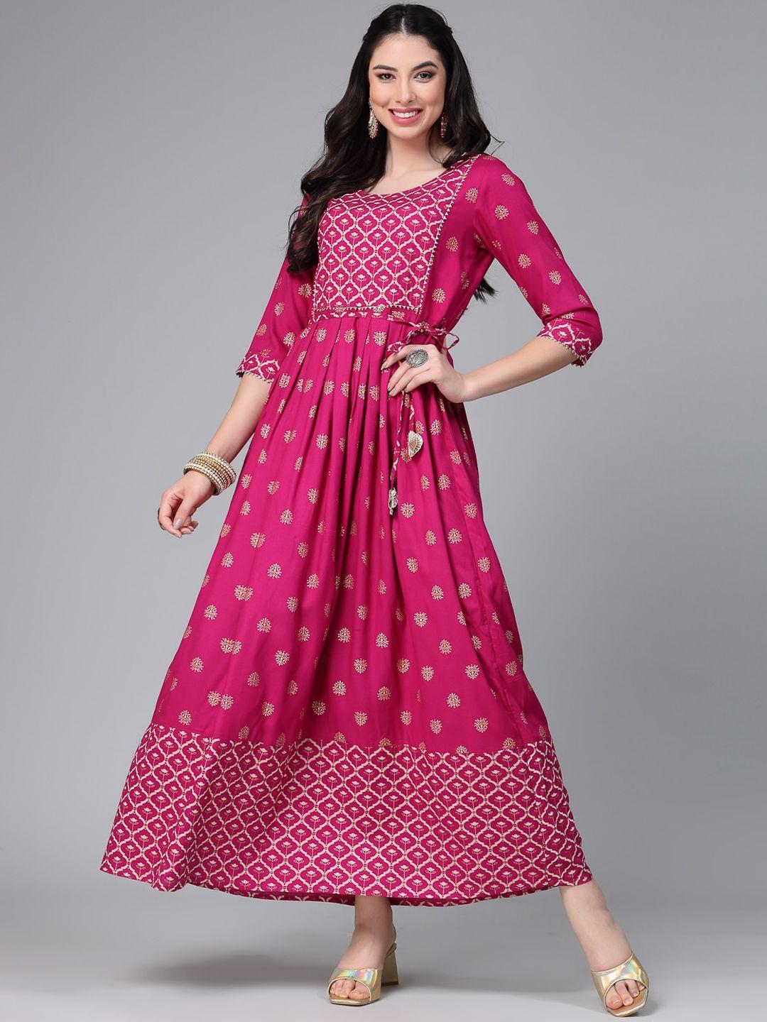 stylum women pink & bright rose ethnic motifs printed mirror work anarkali kurta