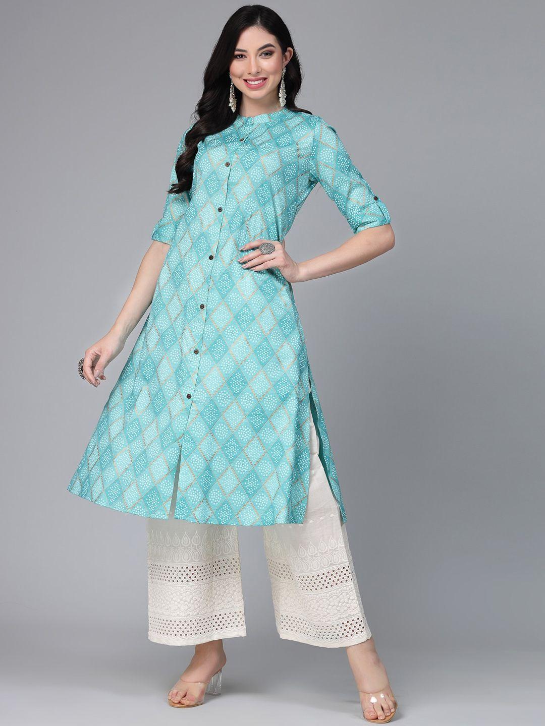 stylum women turquoise blue & blue tint ethnic motifs checked pathani kurta