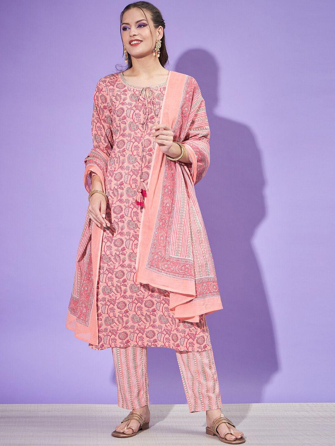 silai bunai women pink floral printed regular pure cotton kurta with trousers & with dupatta