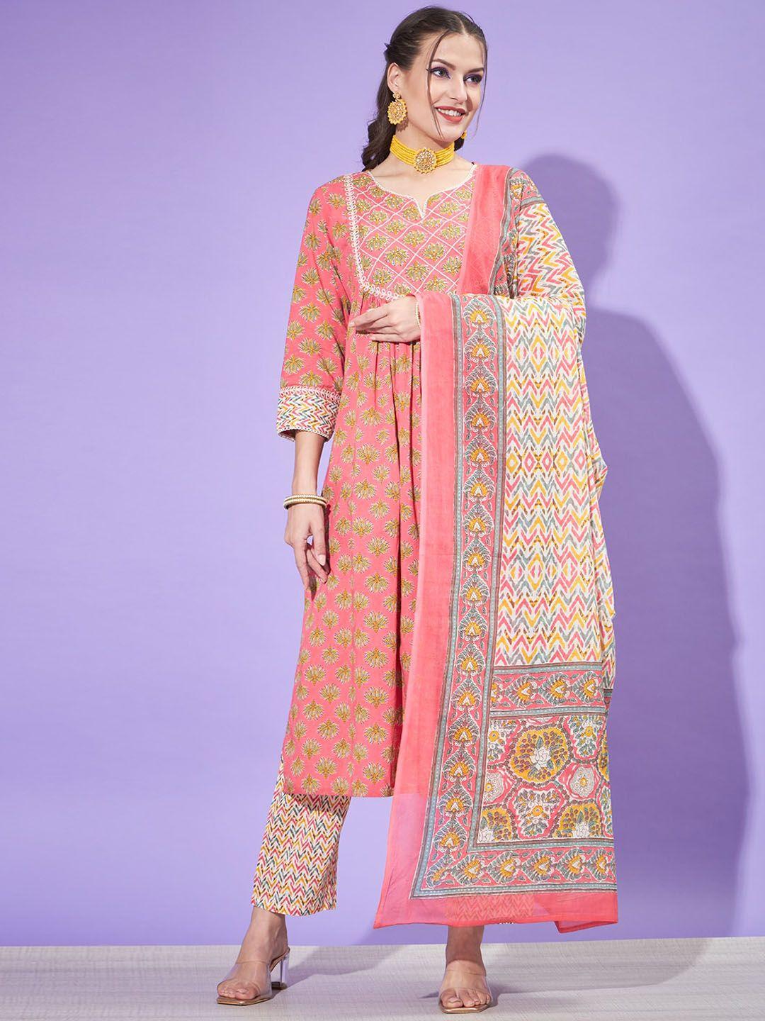 silai bunai women pink floral printed pleated pure cotton kurta with trousers & with dupatta