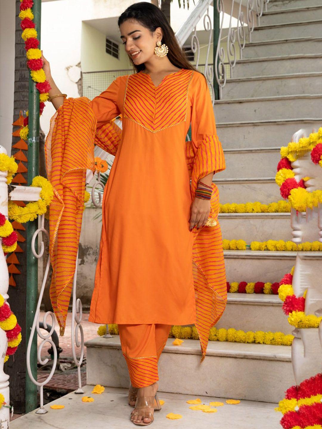 indi inside  leheriya yoke design regular gotta patti kurta & trousers with dupatta