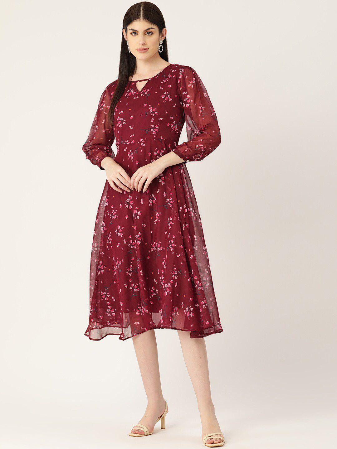 dressberry maroon floral print fit & flare midi dress