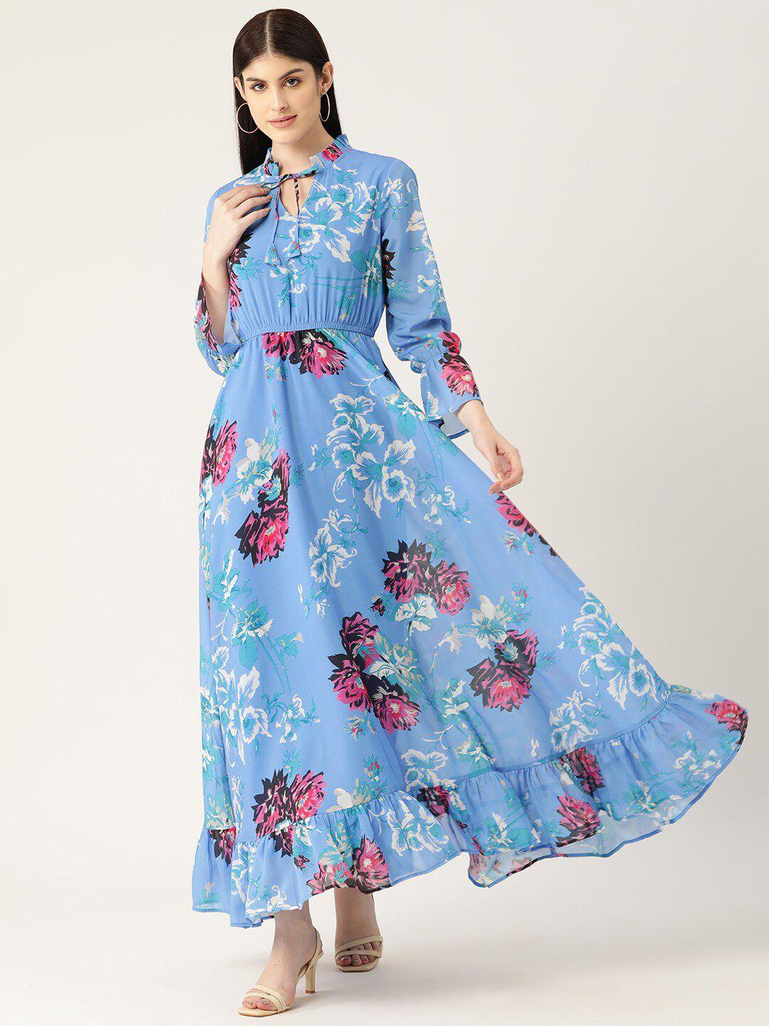 dressberry blue, white & red floral printed tie-up neck a-line maxi dress