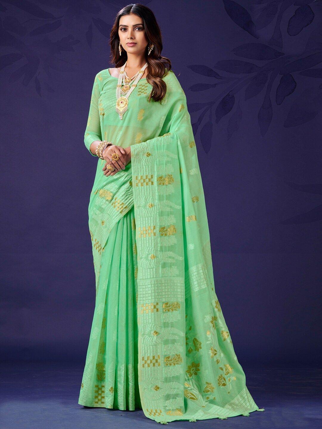 mitera sea green & gold-toned woven design zari banarasi saree