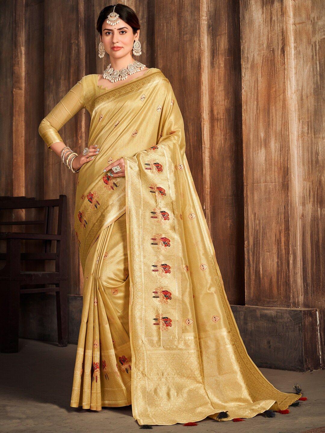 mitera beige ethnic motifs woven design zari kanjeevaram saree