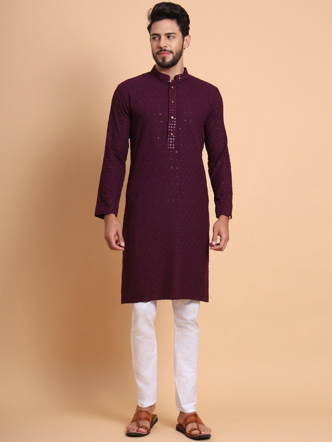 swagg india men purple & chocolate kisses geometric thread work kurta