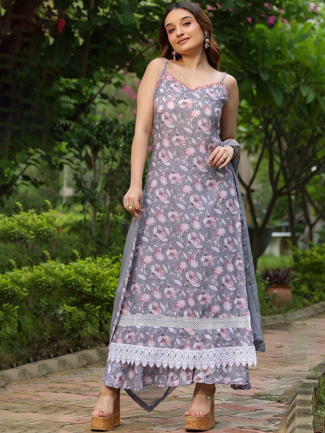 pinkville jaipur shoulder strap neck floral printed kurta & palazzo with dupatta