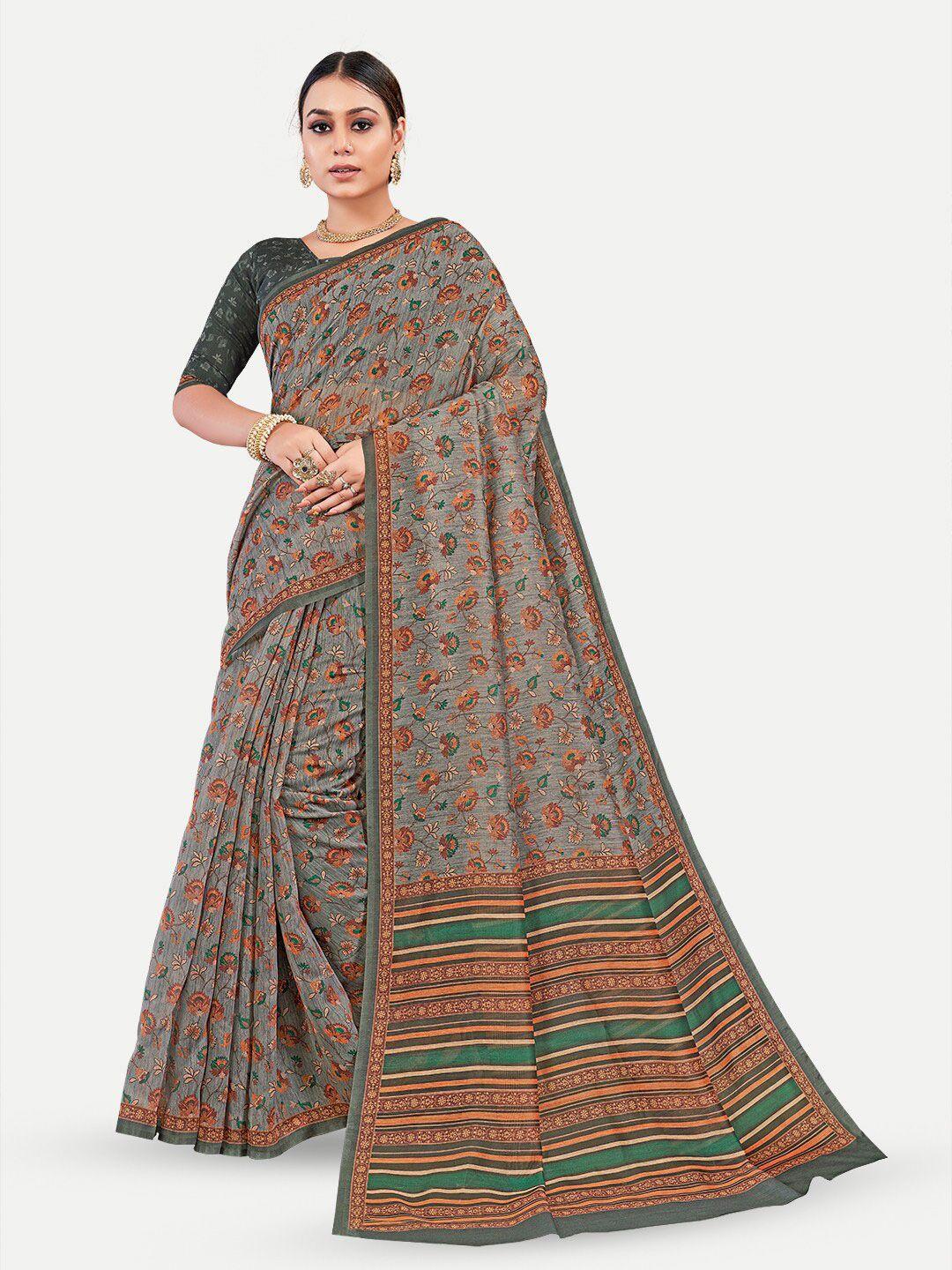 tavas grey & green floral silk blend chanderi saree