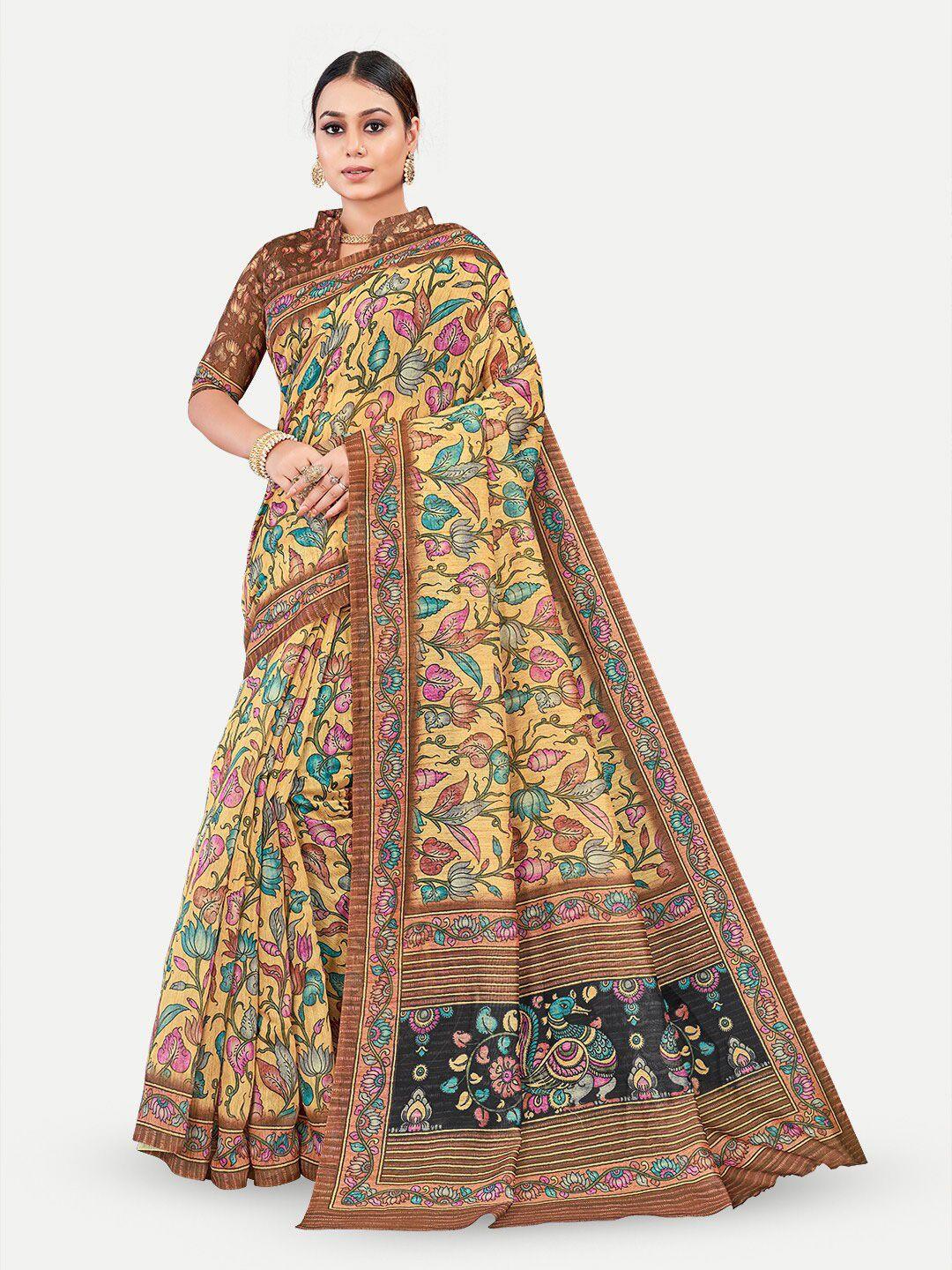 tavas yellow & brown kalamkari silk blend chanderi saree