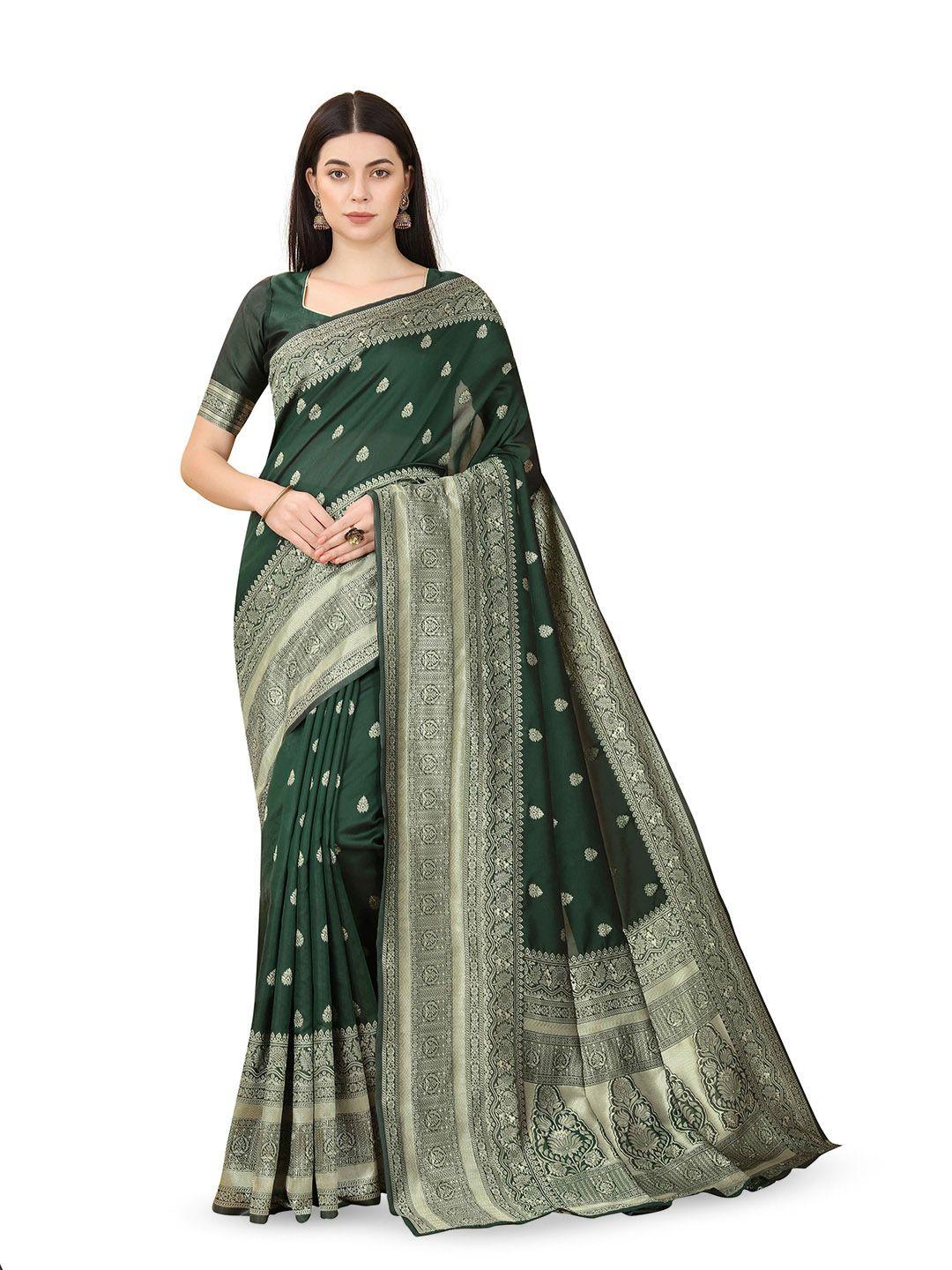 tavas green & gold-toned woven design zari pure georgette banarasi saree