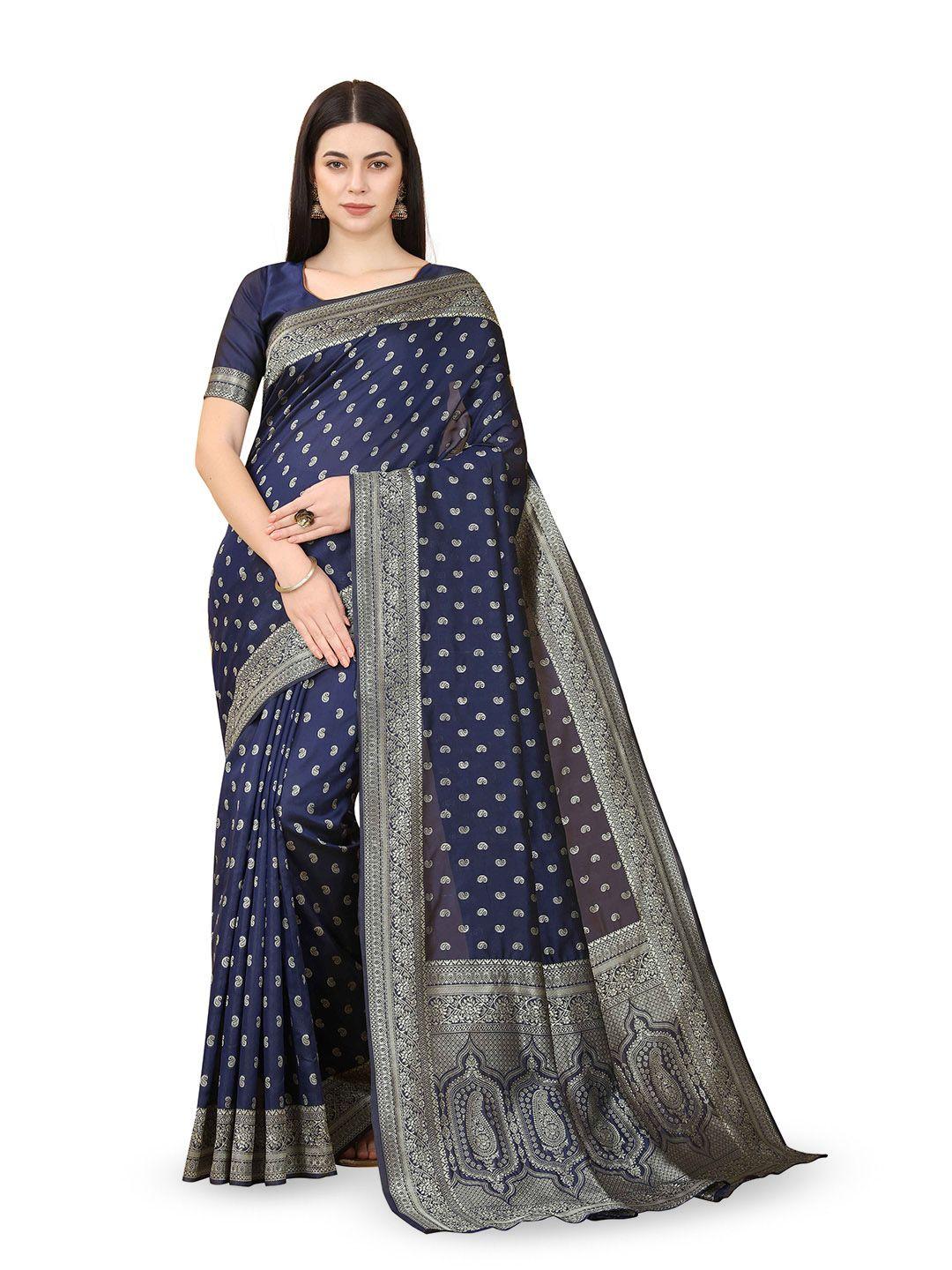 tavas navy blue & gold-toned woven design zari pure georgette banarasi saree