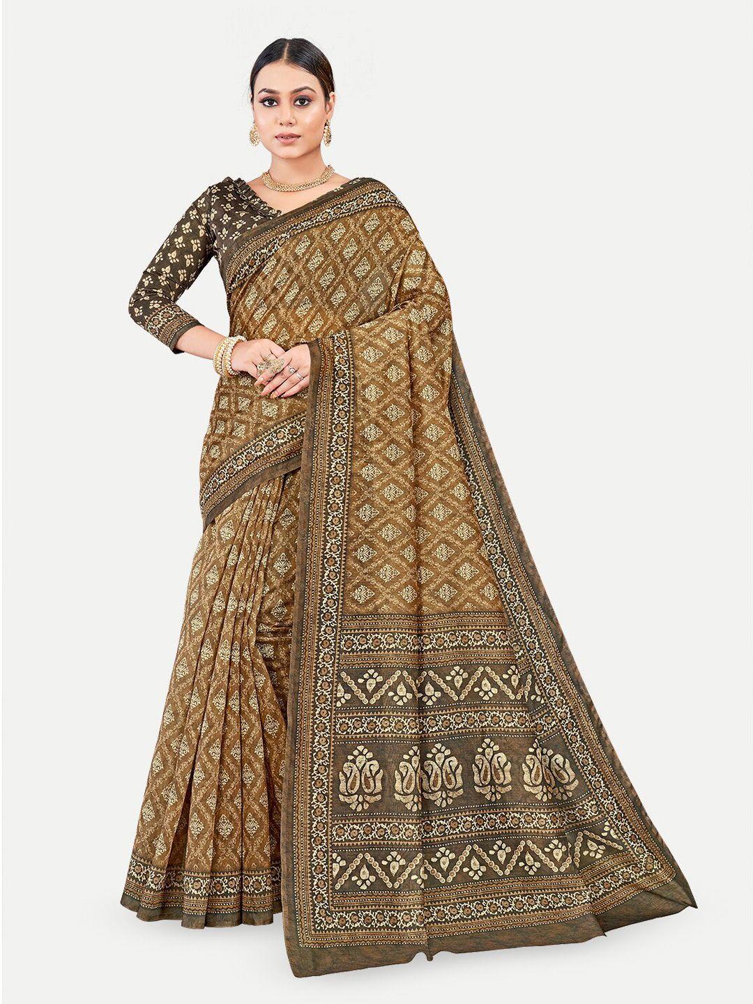 tavas coffee brown & white silk blend chanderi saree