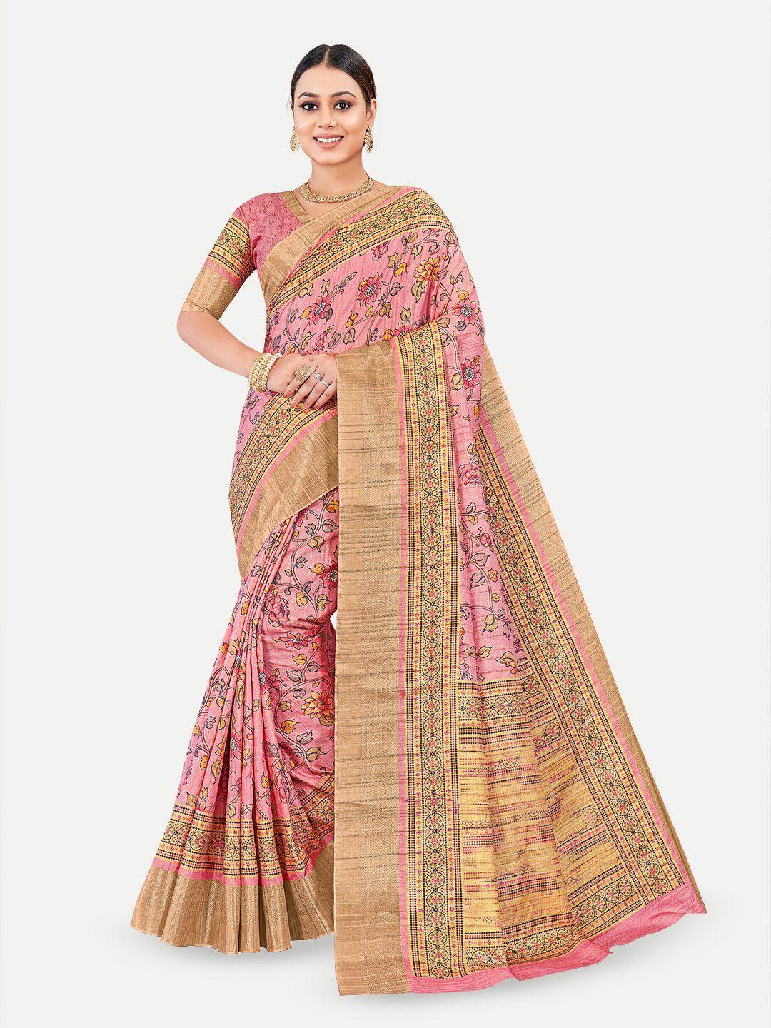 tavas pink & yellow floral silk blend kota saree