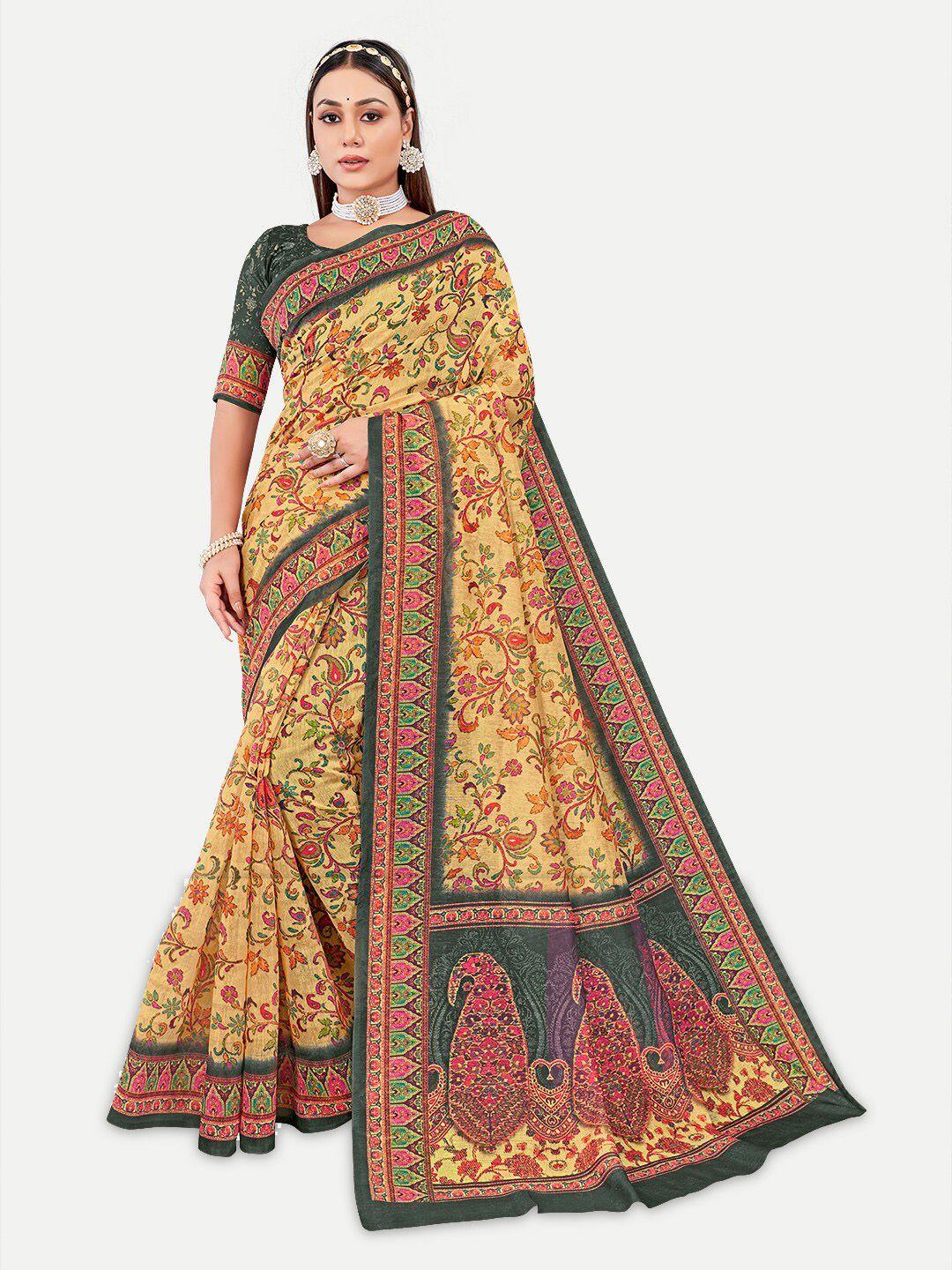 tavas olive green & yellow floral silk blend chanderi saree