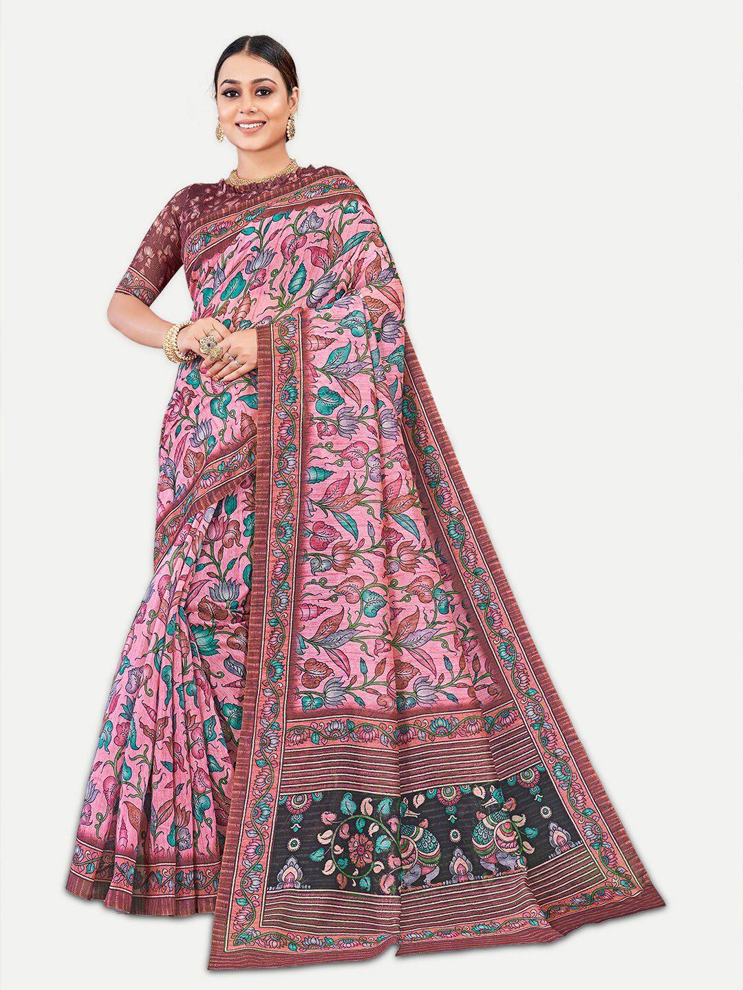 tavas magenta & blue kalamkari silk blend chanderi saree