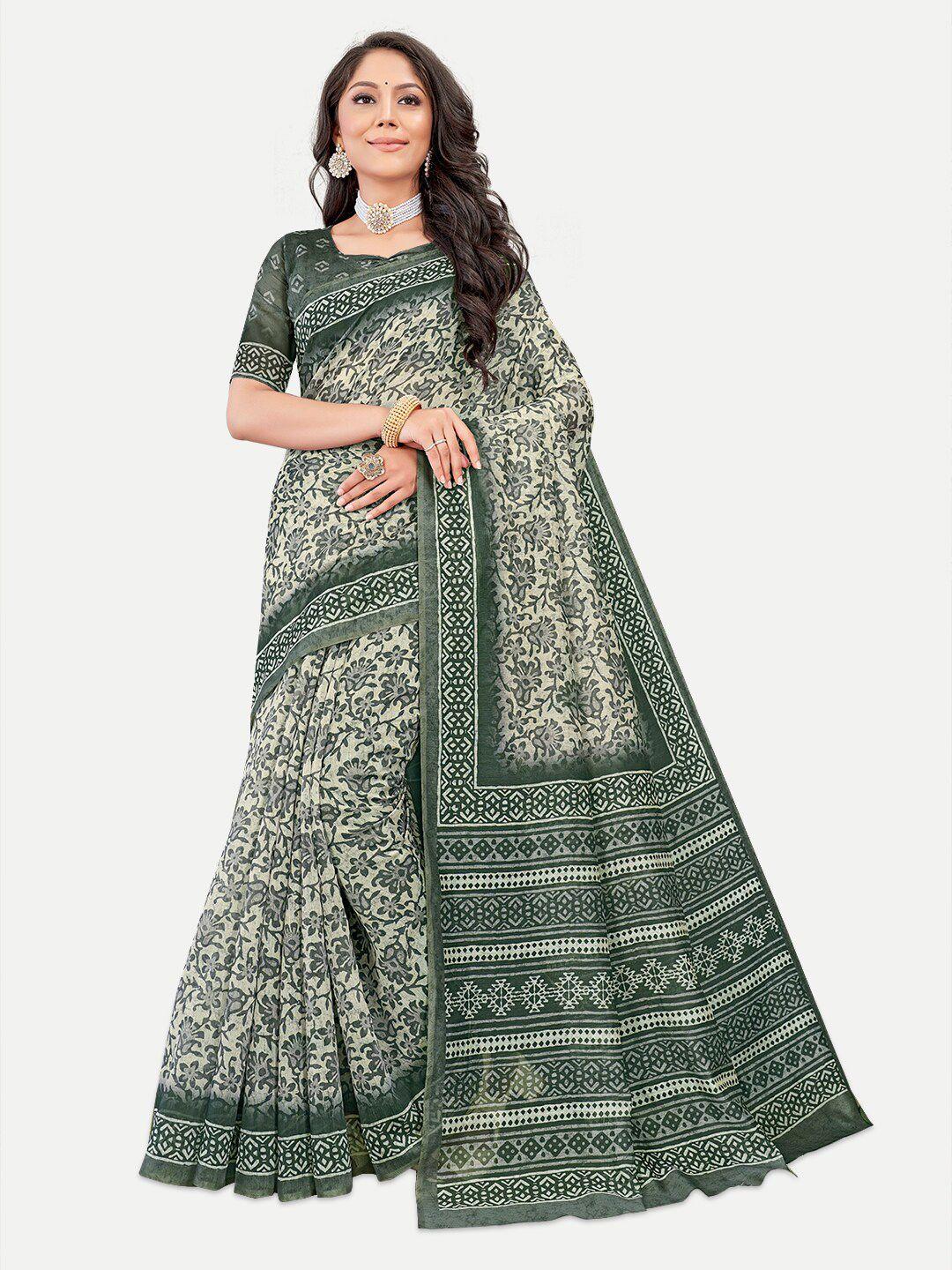 tavas grey & green ethnic motifs silk blend chanderi saree