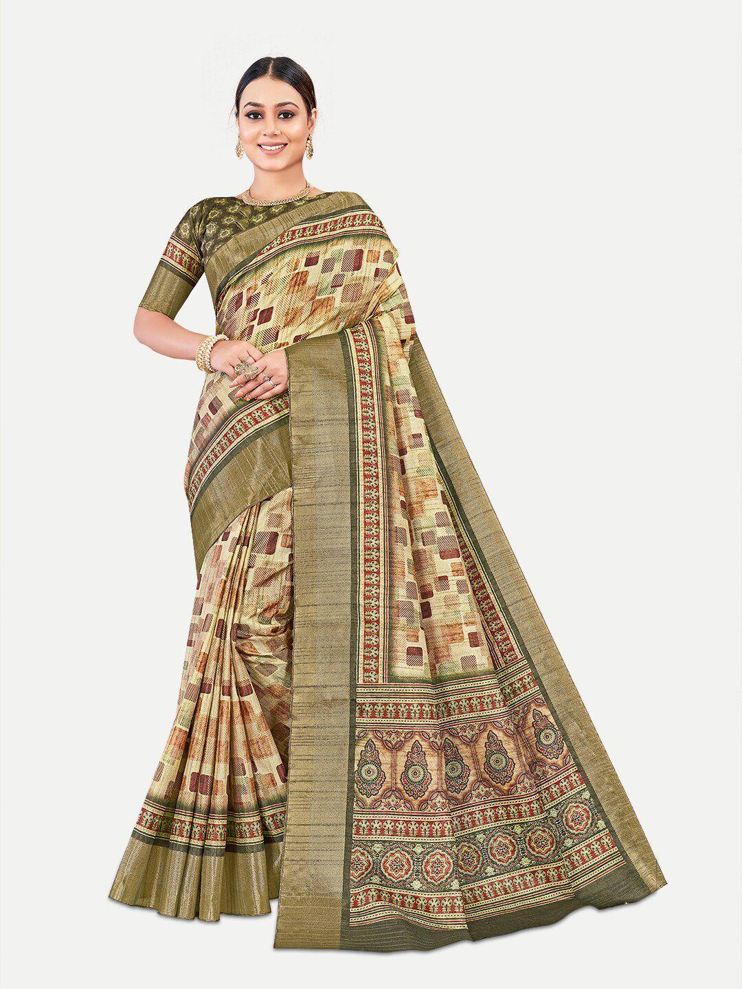 tavas olive green & gold-toned checked zari silk blend kota saree