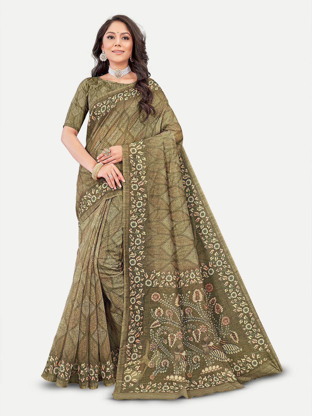 tavas olive green silk blend chanderi saree