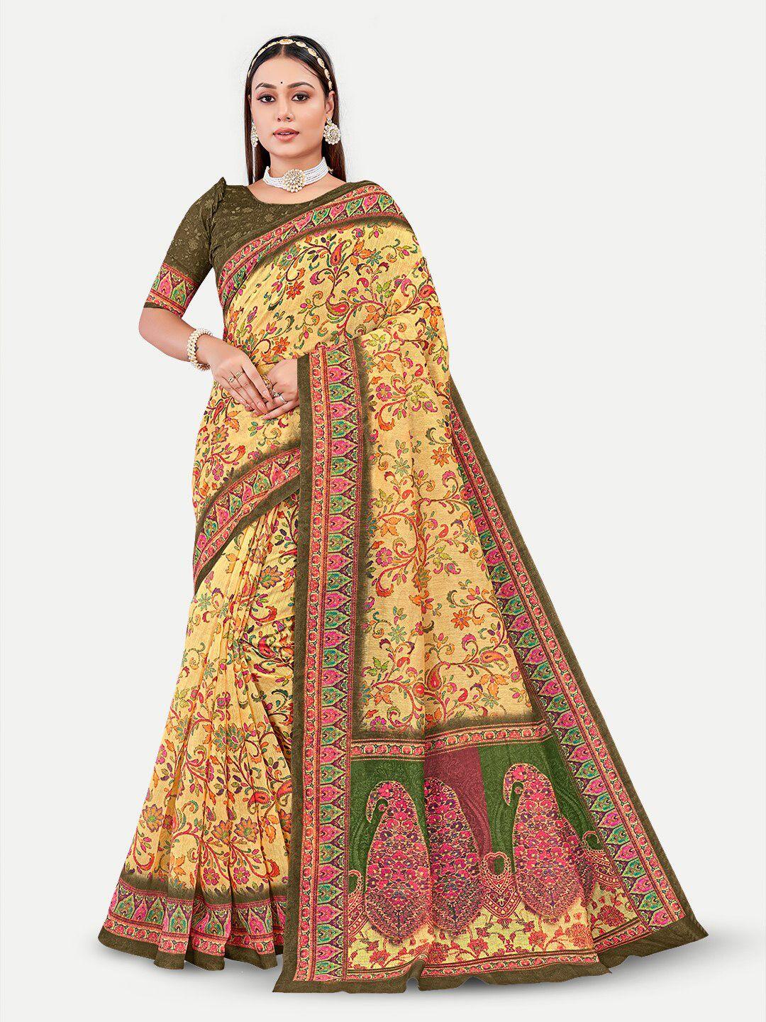 tavas olive green & yellow paisley silk blend chanderi saree