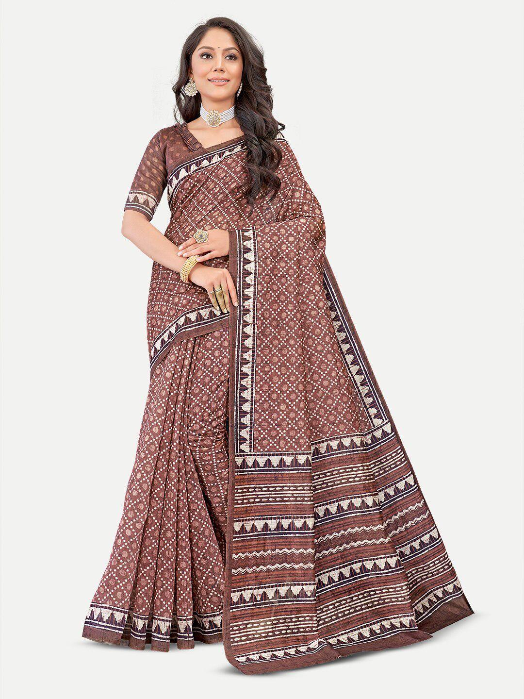 tavas coffee brown & white silk blend chanderi saree