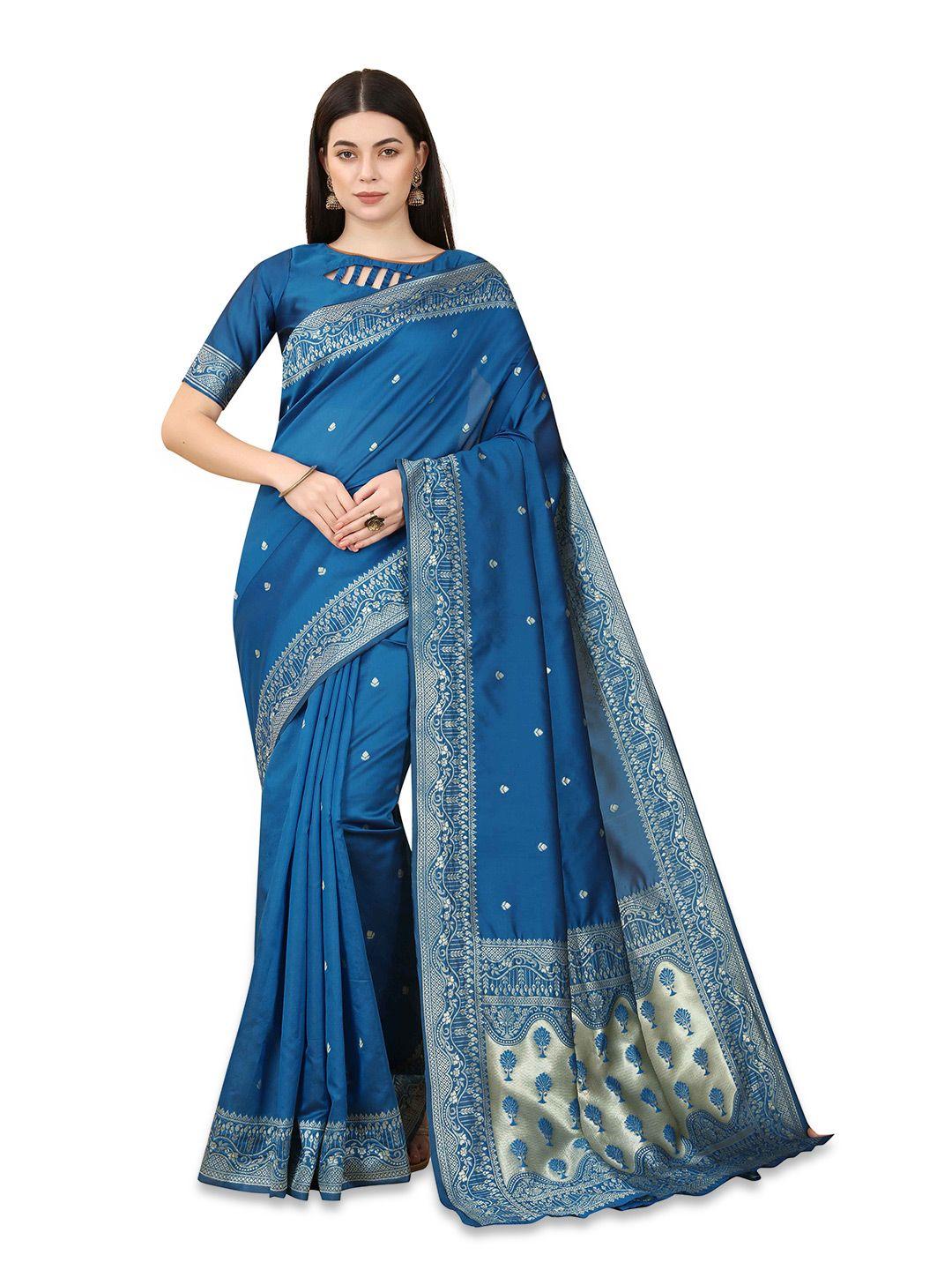 tavas teal & gold-toned woven design zari pure georgette banarasi saree