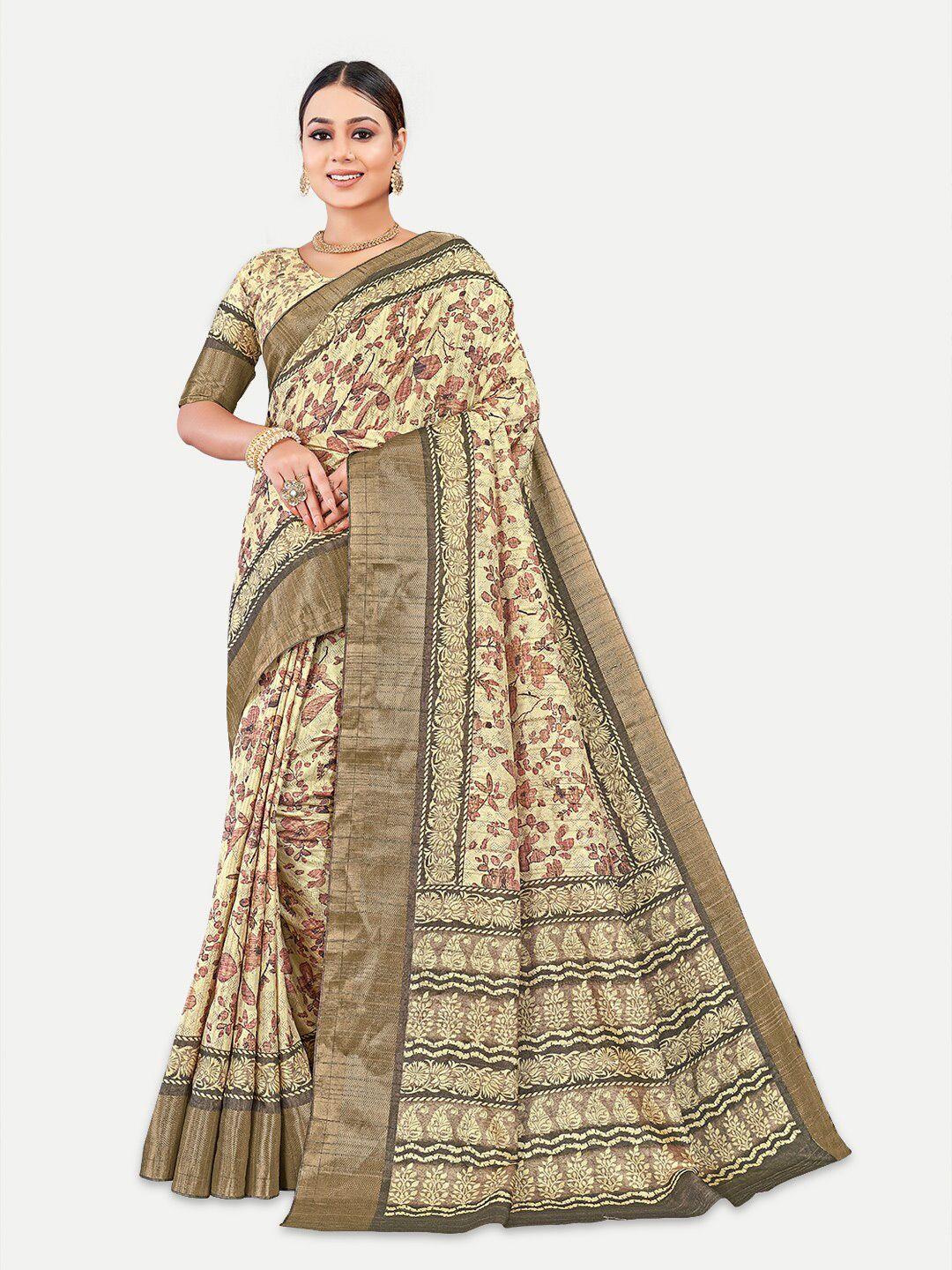 tavas coffee brown & gold-toned floral zari silk blend kota saree