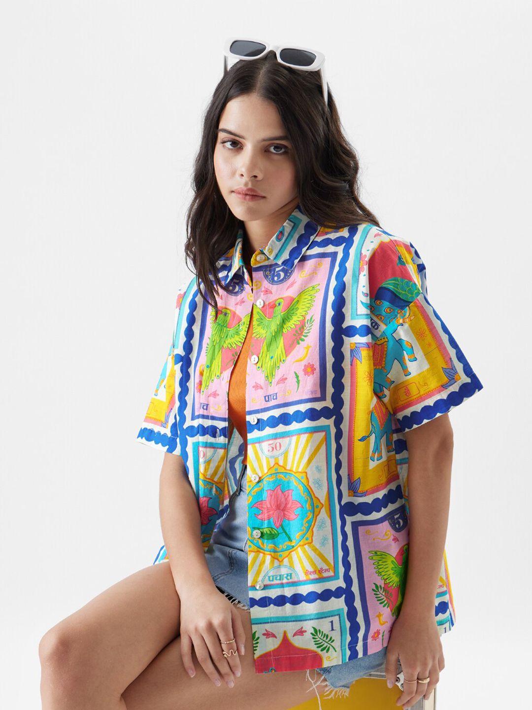 the souled store blue & pink graphic printed oversized pure cotton casual shirt