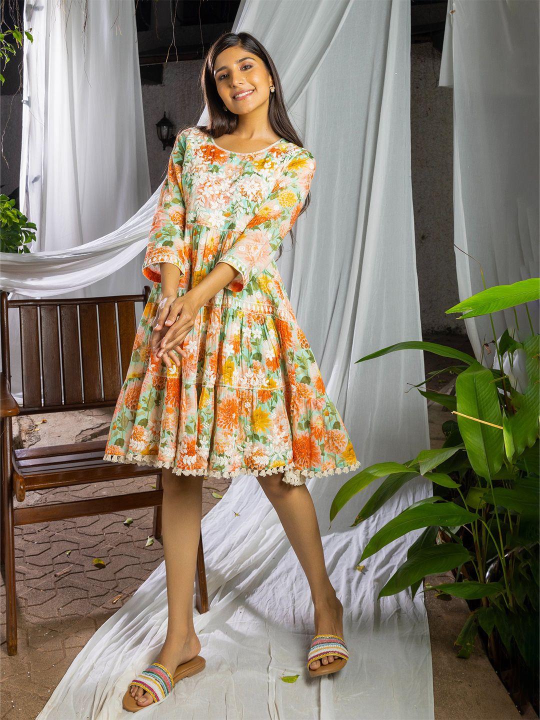 sangria orange & green floral printed embroidered cotton tiered fit & flare dress