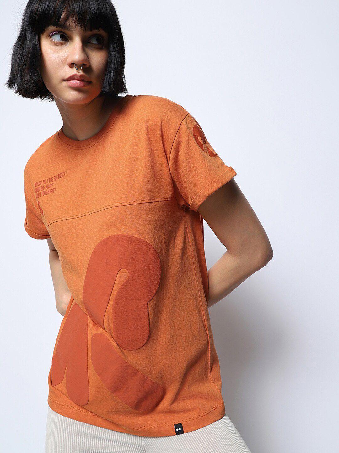 bewakoof orange typography printed drop shoulder sleeves cotton loose fit t-shirt