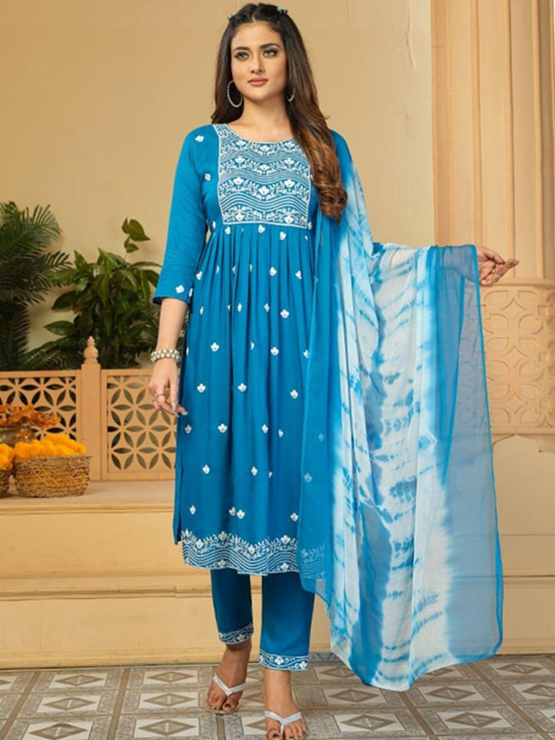 kalini floral embroidered thread work pleated a-line kurta & trousers with dupatta